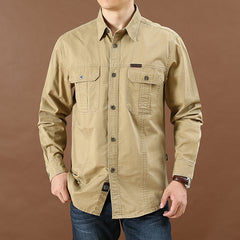 Threebooy Vintage Men's 100% Cotton Shirt Safari Style Multi-pocket Lapel Top Spring Autumn Long Sleeve Youth Loose Shirts Plus Size M-6XL