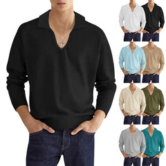 Threebooy Autumn Men's Polo Shirt Solid Long Sleeve V-neck Breathable Tops Fashion Casual Polos Collar Tshirts Clothing For Men Streetwear