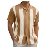 Threebooy Summer American Vintage Contrast Stripe Patchwork Shirts For Men Short Sleeve Cuban Collar Casual Loose Tops Clothing