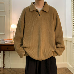 Threebooy Vintage Mens Polo Neck Sweater Autumn Winter Long Sleeved Knitted Top Japanese Lazy Style Fashion Loose Knit Sweater Thick