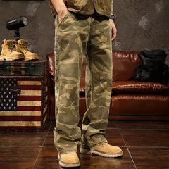 Threebooy Vintage Multi-pocket Camouflage Cargo Pants For Men High Street Y2k Loose Straight Trousers Spring Autumn Washed Denim Jeans