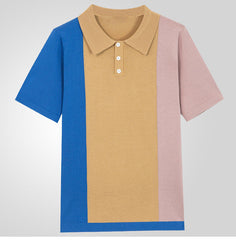 Threebooy 2025 Summer New Mens contrast color Polo Shirts Knitwear Fashion Patchwork Knit Tops Short Sleeve Button Lapel Polo Tee Tshirt