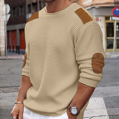Threebooy Men Patchwork Suede Knit Sweater Slim Fit Long Sleeve O-neck Knitwear Spring Autumn Fashion Knitted Pullover Tops Streetwear