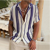 Threebooy New Men's Slub Cotton Shirt Stripe Short Sleeve Collar Cardigan Summer Fashion Loose Oversize Shirts Top Streetwear Male