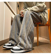 Threebooy American Vintage Maillard Striped Casual Pants For Men Loose Straight Leg Wide Leg Trousers Autumn Winter Thick Woolen Pants