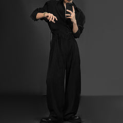 Threebooy Mens Sets Vertical Striped Shirt Belt Trousers Two-Piece Sets Fashionable Personality Versatile Sets Men'S Clothing Autumn