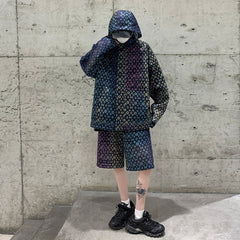 Threebooy Mens Two-Piece Suits Contrasting Geometric Pattern Hooded Jacket Shorts Spring American Streetwear Trend Two-Piece Suits Men'S