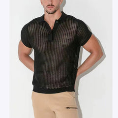 Threebooy Summer Mens Hollow Out Knit Polo Shirts Sexy See Through Short Sleeve V-lapel Tops Fashion Mesh Loose Casual T-shirt Streetwear