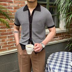 Threebooy Summer Men Knit Polo Shirts Fashion Simple Plaid Knitted Sweater Vintage Short sleeve Button Cardigan Business Casual Knitwear