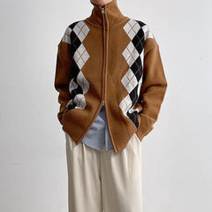 Threebooy Diamond Long-Sleeve Lapel Knitted Cardigan Sweater Coat Unisex Autumn Winter Casual Loose Retro Couple Korean Plaid Sweater Coat