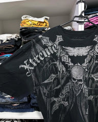 Threebooy 2000s Tshirt New Harajuku Retro Hip Hop Skull Pattern Oversized T shirt Mens Womens Short Sleeved Gothic Clothing Top Streetwear