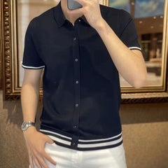 Threebooy Light Lluxury Solid Patchwork Striped Shirt For Men Fashion Square Collar Short Sleeve Cardigan Tops Summer Slim Fit Polo Shirts