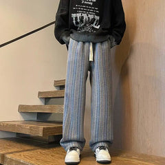 Threebooy American Vintage Maillard Striped Casual Pants For Men Loose Straight Leg Wide Leg Trousers Autumn Winter Thick Woolen Pants