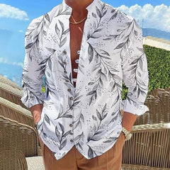 Threebooy Vintage 3D Print Shirt Mens Long Sleeve Stand Collar Loose Casual Top Streetwear Spring Autumn Fashion Retro Shirts For Men