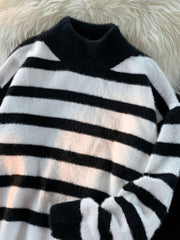 Threebooy Men'S Casual High-Neck Striped Sweater, Polyester Stretch Fabric, Warm Base Layer, Comfortable Skin-Friendly, Versatile for Dates, Commutes, Travel, Loose Fit, Regular Style, Autumn/Winter Season