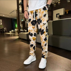 Threebooy Vintage Tie Dye Ink Painting Casual Pants Men Ethnic Style Flower Pattern Lightweight Ice Silk Straight Leg Trousers Summer