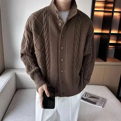 Threebooy Mens Twist Casual Knitted Sweater New Autumn Winter Genderless Fashion Temperament Solid Color Stand Collar Jacket Unisex