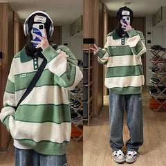 Threebooy Retro Striped Knitted Polo Shirt Men Autumn Winter Thick Contrast Color Sweater Japanese Lazy Style Loose Trendy Knit Tops
