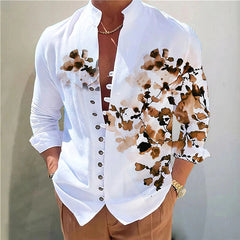 Threebooy Vintage 3D Print Shirt Mens Long Sleeve Stand Collar Loose Casual Top Streetwear Spring Autumn Fashion Retro Shirts For Men