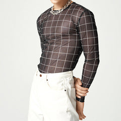 Threebooy Plaid Print Mesh T Shirts Men Slim Fit Long Seeve O-neck Tee Tops Summer Casual Mens Perspective Tight T-shirt Streetwear