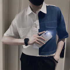 Threebooy Fashion Denim Patchwork Shirt Men Short Sleeve Polo Collar Pullover Tops Summer Handsome Casual Loose Blouse Streetwear Male
