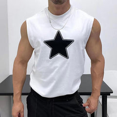 Threebooy Oversized 100% Cotton Star Print Vest Men Sleeveless Profile Loose Tshirt Summer Fitness Muscles Tank Top For 150KG Fat Man
