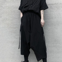 Threebooy Y2k Gothic Style Big Pocket Ribbon Harem Pants New Fashion Personality Daily Casual Dark Style Eight-Point Trousers Unisex