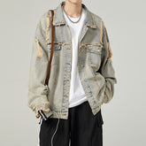 Threebooy American Style Vintage Men Denim Jacket Spring Autumn Loose Wash Jean Coat Retro Nostalgia Trend Holes Cowboy Outwear Top Male