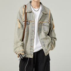 Threebooy American Style Vintage Men Denim Jacket Spring Autumn Loose Wash Jean Coat Retro Nostalgia Trend Holes Cowboy Outwear Top Male