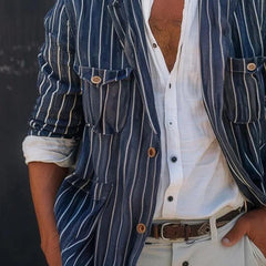 Threebooy Vintage Striped Shirts Men Fall Long Sleeve Casual Jacket Tops British Style Fashion Coat Multi pocket Workwear Shirt Streetwear