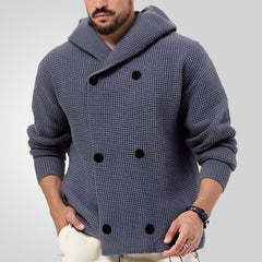 Threebooy Autumn Winter Men Double Breasted knitted Hoodie Jacket Vintage Grey Hooded Sweater Oversized Knit Cardigan Casual Knitwear