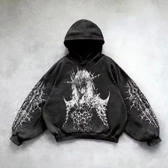 Threebooy 2000s Street Fashion Joker Pattern Print Washed Cotton Pullover Hoodie Men Harajuku Hip Hop Retro Loose Sweatshirt Couple Tops
