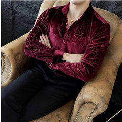 Threebooy Korean Style Elastic Velvet Shirt For Men Spring Autumn Long Sleeve Slim Fit Tops Fashion Vintage Shirts Barber Nightclub