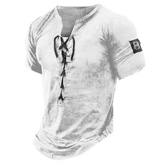 Threebooy New Men V-neck Vintage T-shirt Short Sleeve Casual Cotton Tee Top Summer Fashion Lace Up 3D Digital Printed Tshirts Man Clothing