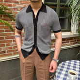 Threebooy Summer Men Knit Polo Shirts Fashion Simple Plaid Knitted Sweater Vintage Short sleeve Button Cardigan Business Casual Knitwear