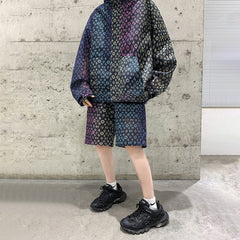 Threebooy Mens Two-Piece Suits Contrasting Geometric Pattern Hooded Jacket Shorts Spring American Streetwear Trend Two-Piece Suits Men'S