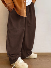 Threebooy Super Loose Fit Corduroy Pants - Men's Casual Polyester Blend Solid Color Machine Washable with Pockets
