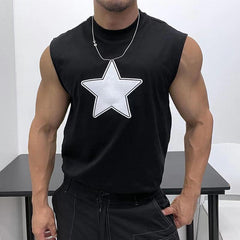 Threebooy Oversized 100% Cotton Star Print Vest Men Sleeveless Profile Loose Tshirt Summer Fitness Muscles Tank Top For 150KG Fat Man