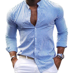 Threebooy Fashion Men's Striped Shirt Spring Autumn Long Sleeve Stand Neck Oversize Loose Tops Casual Youth Shirts Clothing For Mens