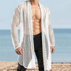 Threebooy Sexy Hollow Out Loose Cardigan Shawl Mens Spring Summer Long Sleeve Beach Shirts Mesh Perspective Long Coat Cloak Streetwear