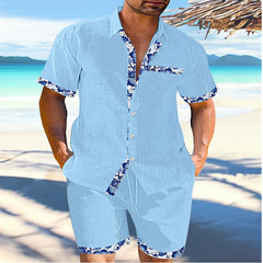 Threebooy Summer Mens Cotton Linen Two Piece Set Contrast Color Short Sleeve Lapel Shirts And Shorts Loose Suits Hawaiian Beach Outfits