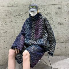 Threebooy Mens Two-Piece Suits Contrasting Geometric Pattern Hooded Jacket Shorts Spring American Streetwear Trend Two-Piece Suits Men'S