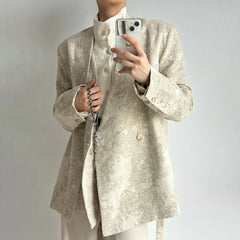 Threebooy Mens Suit Jacket Jacquard Belt Elegant Apricot Suit Genderless Chinese Style Retro Palace Campus Casual Long-Sleeve Top Unisex