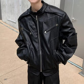 Threebooy American Vintage High Street Leather Jacket Men Long Sleeve Stand Collar Motorcycle Tops Spring Autumn Fashion Handsome PU Coat