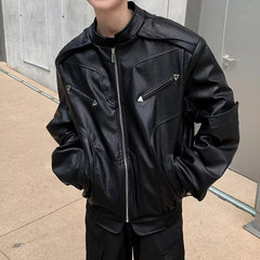 Threebooy American Vintage High Street Leather Jacket Men Long Sleeve Stand Collar Motorcycle Tops Spring Autumn Fashion Handsome PU Coat