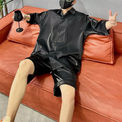 Threebooy Mens Metallic Short-Sleeved Shirt Shorts Suit Summer Niche Personality Streetwear Solid Color Two-Piece Suit Men'S Clothing