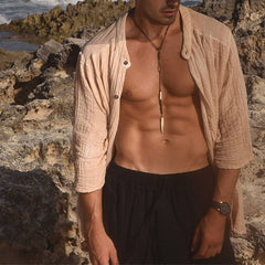 Threebooy Vintage Men's Shirt Cotton Linen Pleated Loose Long Sleeve Men Shirts Summer Harajuku Male Fashion Shirt Streetwear