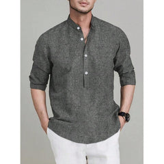 Threebooy Retro Men Cotton Linen Shirt Grey Long Sleeved Stand Collar Pullover Tops Spring Autumn Fashion Casual Loose Oversized Shirts
