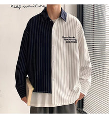 Threebooy Fashion Men Irregular Patchwork Striped Shirt Loose Long Sleeve Tops Spring Autumn Trend Streetwear Handsome Youth Shirts Male