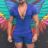 Threebooy Fashion Mens Jumpsuit Shirts Overalls Casual Beach Catsuit Vintage Zipper Short-sleeved Shorts Bodysuit Sports Uniform Playsuit